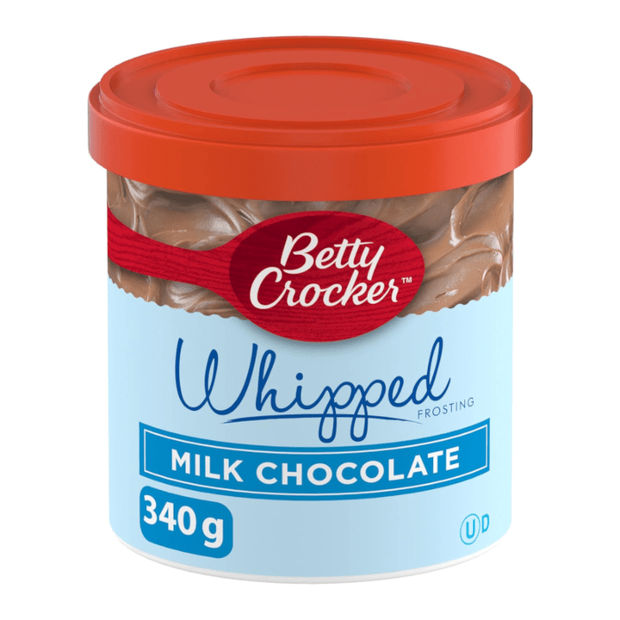 Front of Betty Crocker Whipped Frosting Milk Chocolate tub showing logo and details (340g)