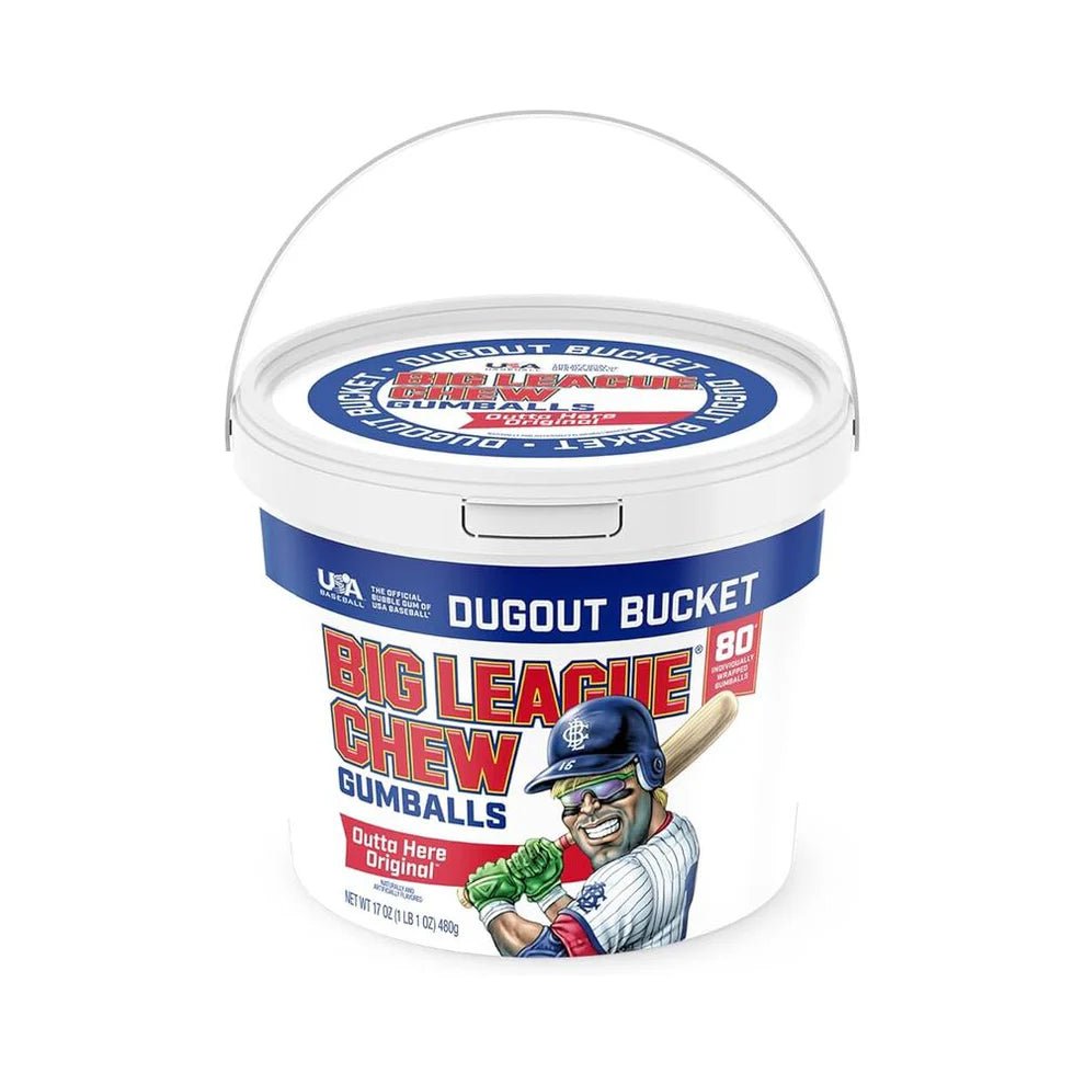 Front of Big League Chew Outta Here Original Gumballs bucket showing fun logo, gumball illustration, and pack size (480g)