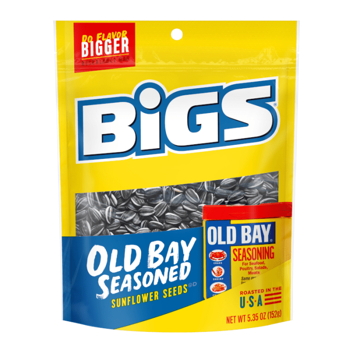 Front of BIGS Old Bay Sunflower Seeds bag showing bold yellow packaging with the BIGS logo, Old Bay seasoning label, and image of sunflower seeds (152g pack)
