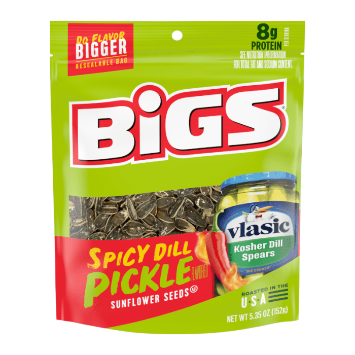Front of BIGS Vlasic Spicy Dill Sunflower Seeds bag showing bold logo, spicy dill flavour and image of sunflower seeds (152g pack)