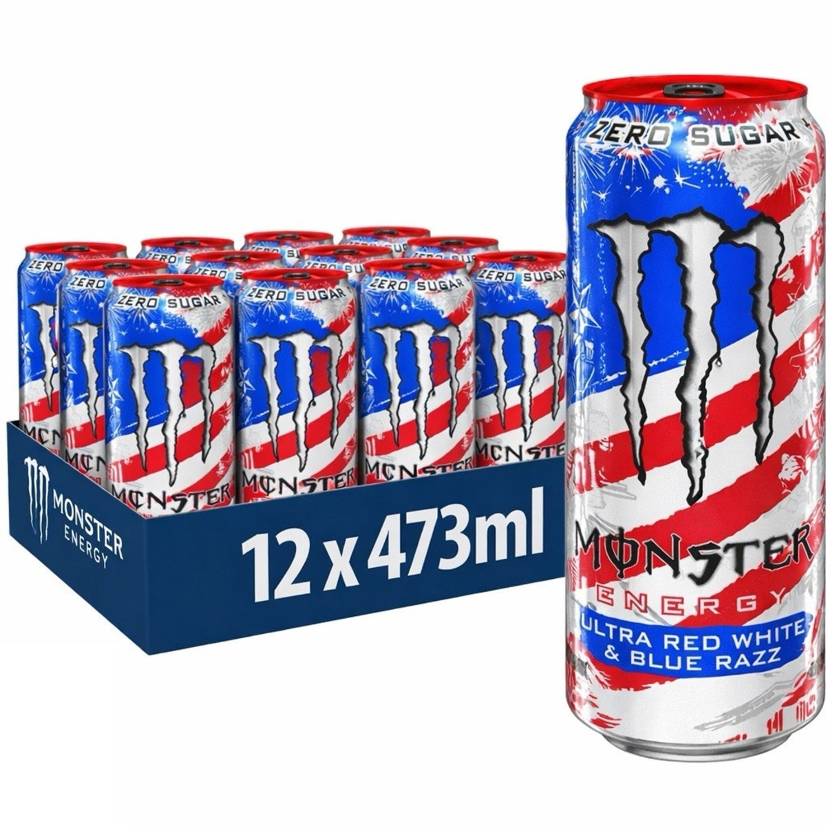 Front of Monster Energy Ultra Red White & Blue Case of 12 showing 12 cans with a vibrant red, white, and blue design (12 x 473ml)