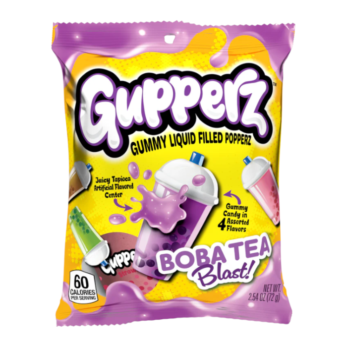 Front of Gupperz Boba Tea Blast Liquid Filled Gummies bag showing bright packaging with colourful gummy drinks and the product name (72g)