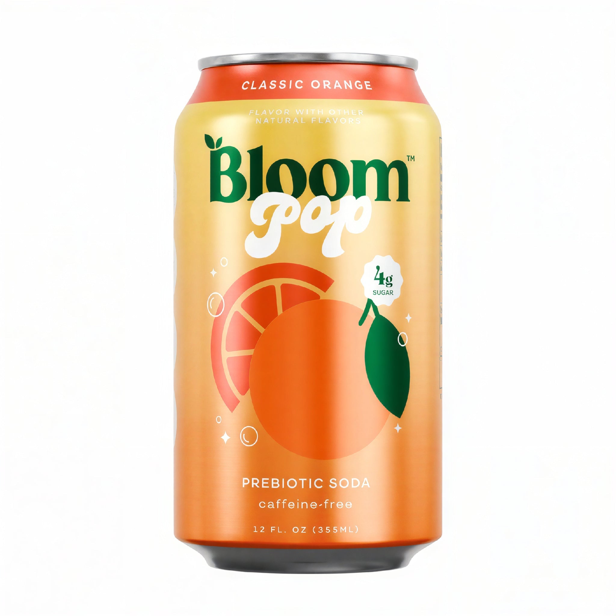 Front of Bloom Pop Classic Orange Caffeine Free Prebiotic Soda can showing vibrant orange design, logo, and 355ml label