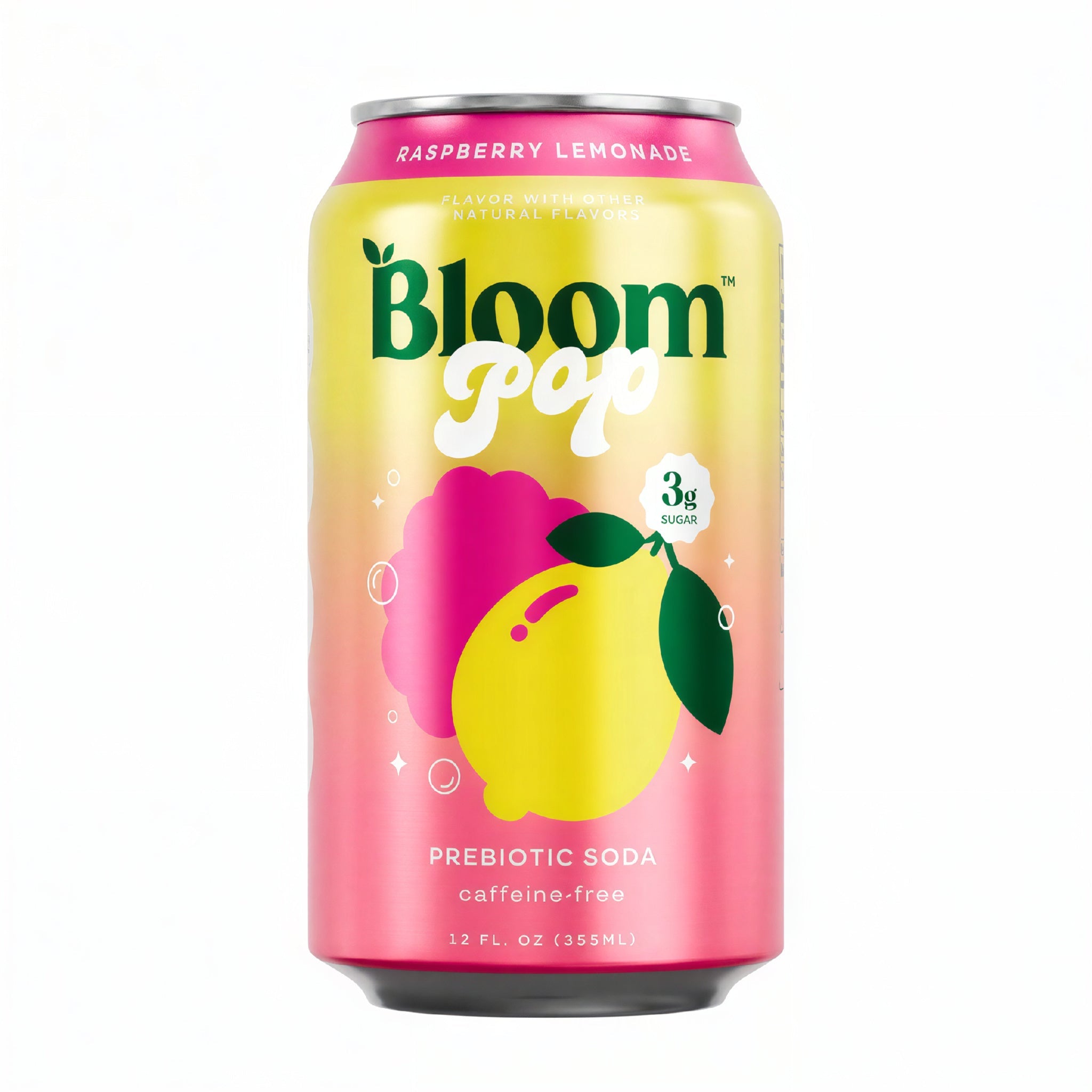 Front of Bloom Pop Raspberry Lemonade can showing bold logo, vibrant colours, and fruit illustrations (355ml)
