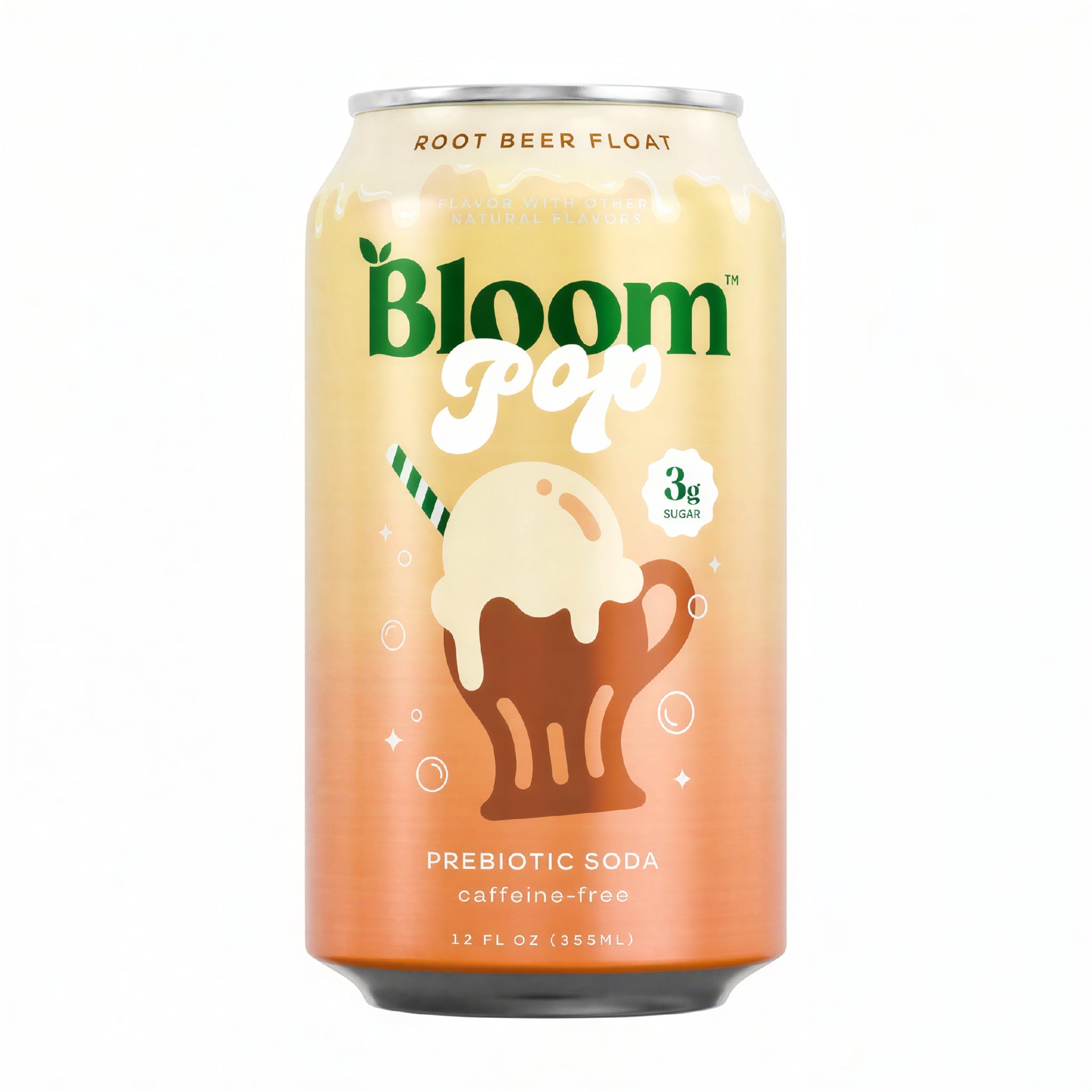Front of Bloom Pop Root Beer Float can showing logo, ice cream float illustration, and prebiotic soda details (355ml)