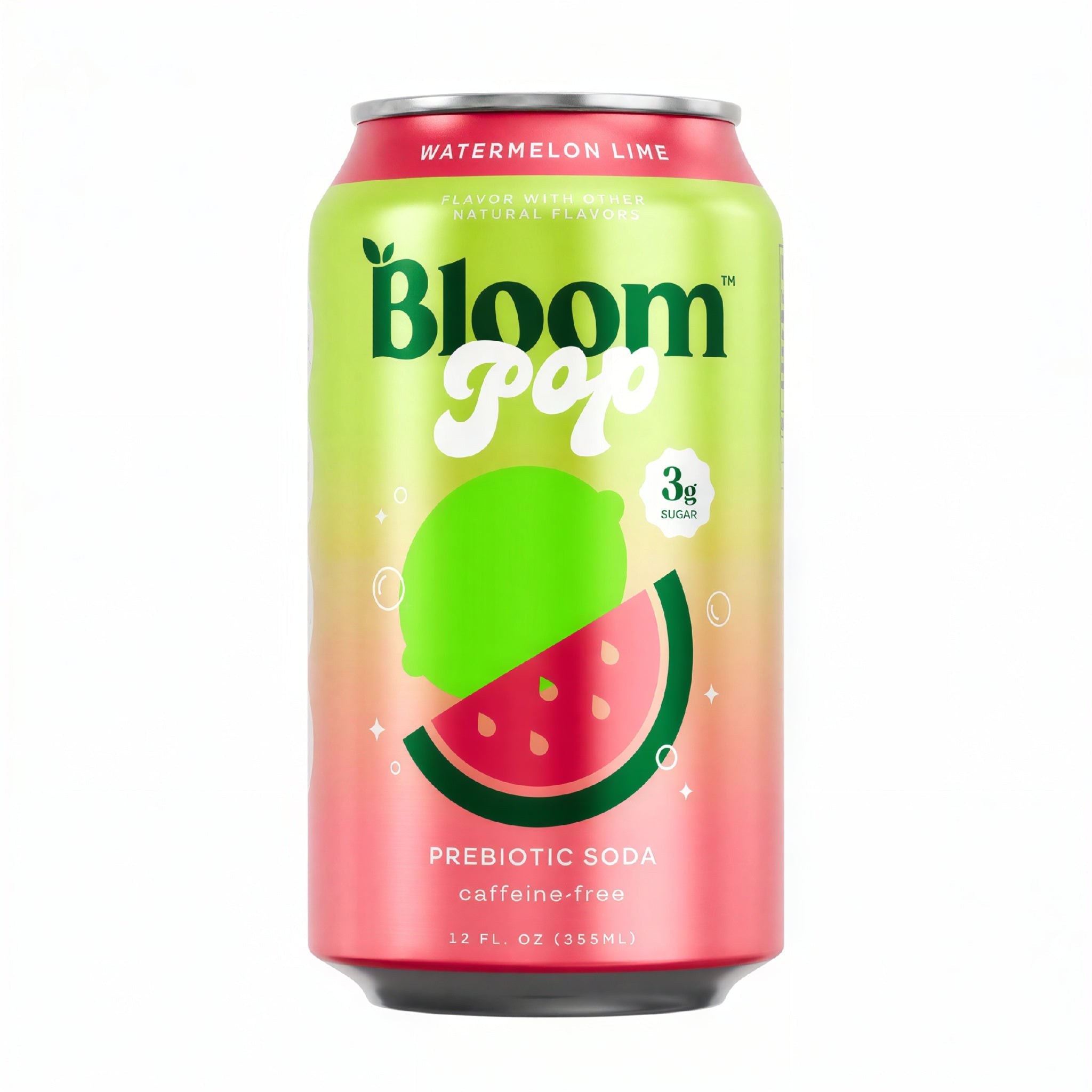 Front of Bloom Pop Watermelon Lime Caffeine Free Prebiotic Soda can showing logo, watermelon and lime graphics, and 355ml label