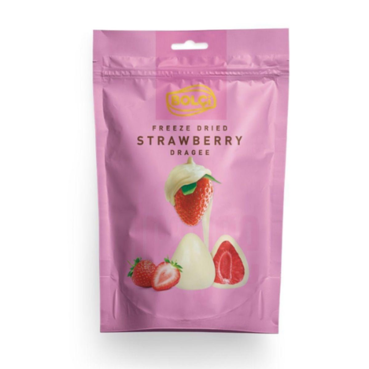 Front of Bolci Freeze Dried White Chocolate package showing logo and the image of the chocolate pieces (80g pack)