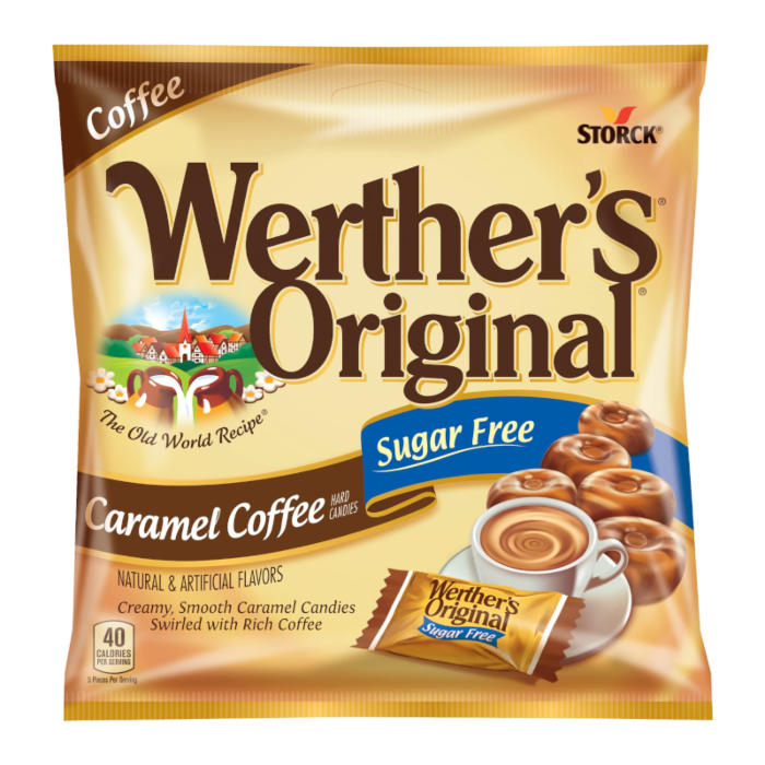 Front of Werther's Caramel Coffee Sugar-Free Hard Candies bag featuring logo, caramel coffee flavour, and pack size of 41.4g
