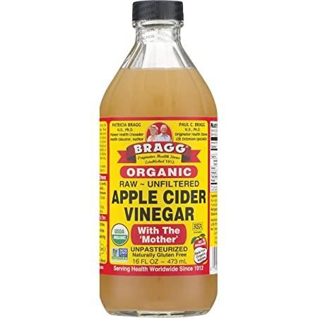 Front of Bragg Organic Raw Unfiltered Apple Cider Vinegar bottle displaying brand logo, product name, and details for a 473ml pack