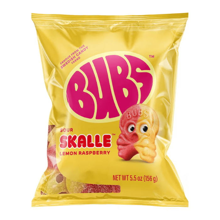 Front of BUBS Sour Lemon Raspberry Skulls bag showcasing colourful skull-shaped candy with brand logo and pack size (156g)