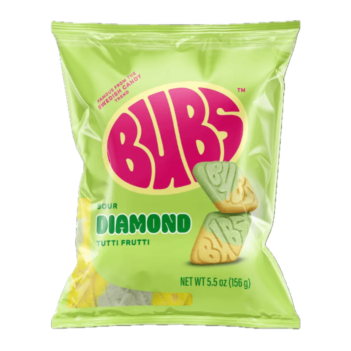 Front of BUBS Sour Tutti Frutti Diamonds bag featuring bold logo and colourful candy diamonds (156g pack)