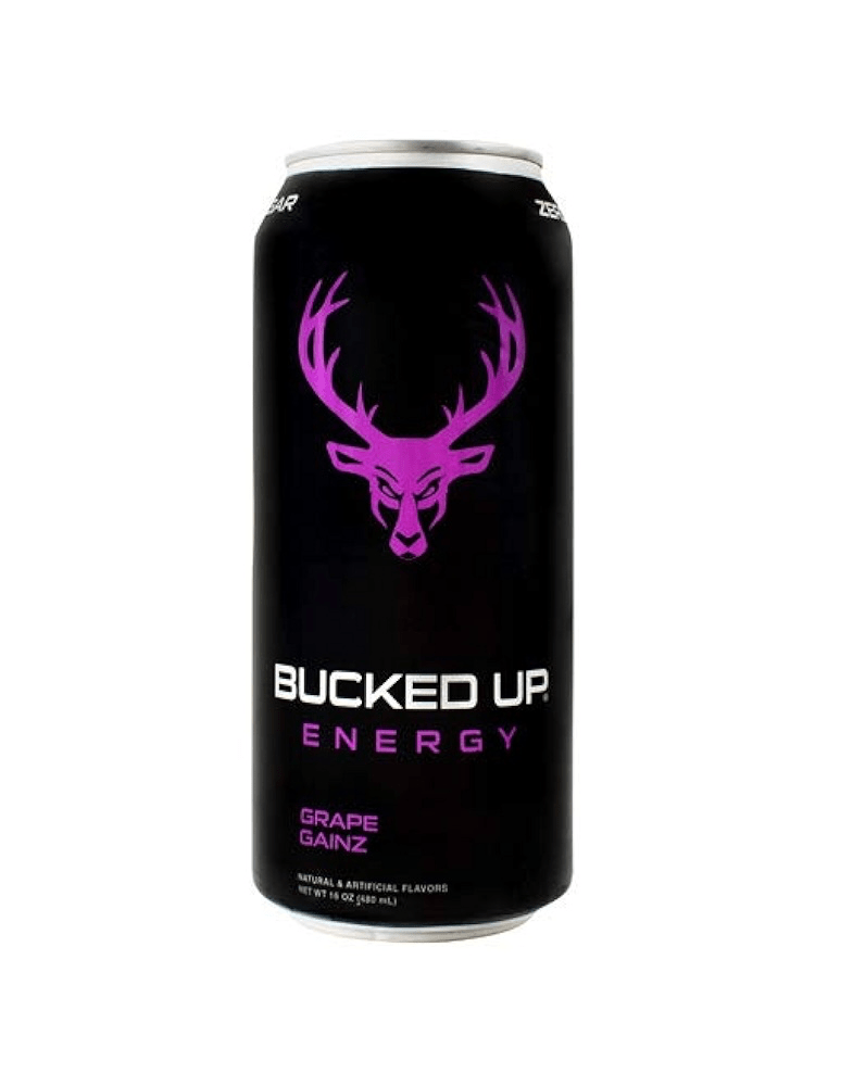 Front of Bucked Up Energy Grape Gainz can featuring bold purple logo, grape flavour label, and 473ml packaging.