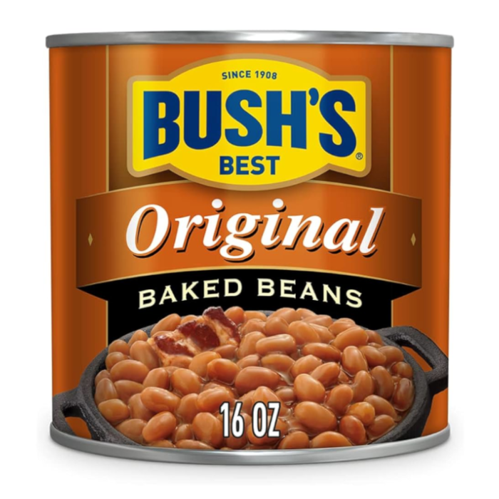 Front of a can of Bush's Best Original Baked Beans showing the logo, rich sauce, and beans in a bowl (454g pack)