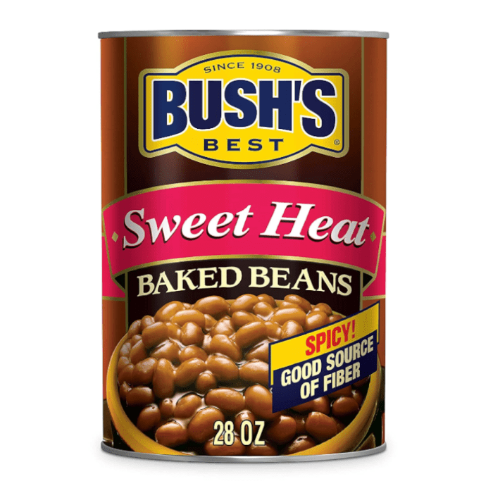 Front of Bush's Best Baked Beans Sweet Heat can showing logo, sweet heat flavour, and 794g pack size