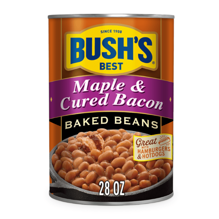 Front of Bush's Best Maple & Cured Bacon Baked Beans can featuring the brand logo, product name, and imagery of baked beans (794g)