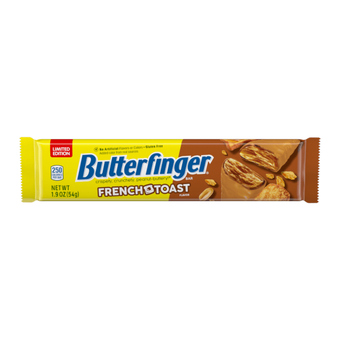 Front of Butterfinger Limited Edition French Toast bar showing logo, French toast flavour, and 54g pack size