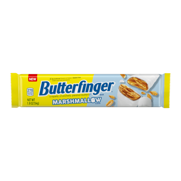 Front of Butterfinger Marshmallow bar showing the bright logo, marshmallow flavor details, and a crunchy peanut butter image (54g pack)