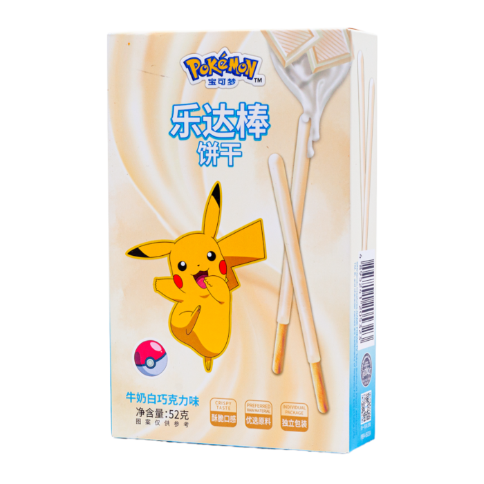 Front of Pokémon Stick Milk White Chocolate box featuring Pikachu, creamy white chocolate sticks, and logo (52g pack)