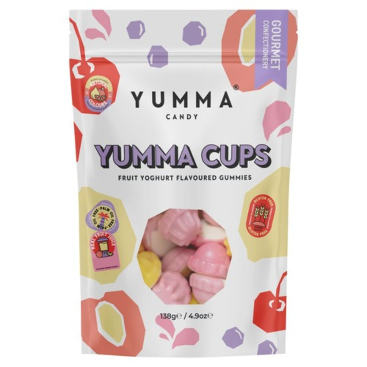 Front of Yumma Candy Fruit Yogurt Cups Gummies bag showing colourful sweet peach-shaped gummies in a 138g pack