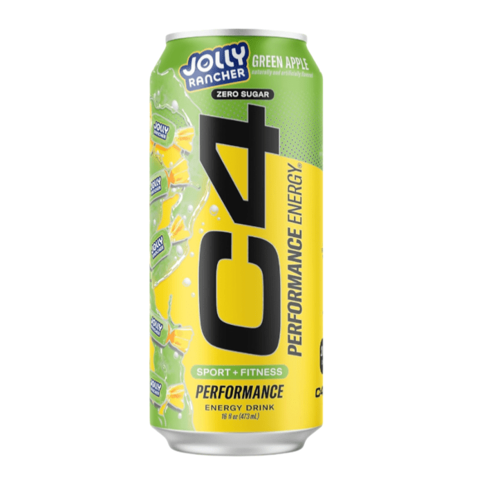 Front of C4 Zero Sugar Energy x Jolly Rancher Green Apple can showing vibrant green and yellow design with logo and 473ml volume label.