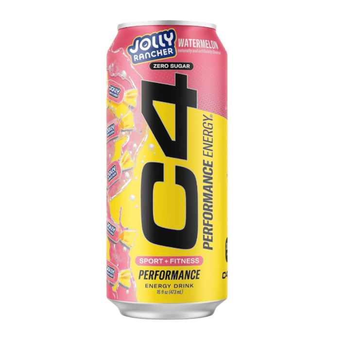 Front of C4 Zero Sugar Energy x Jolly Rancher Watermelon can showing bright pink and yellow design, watermelon flavour label, and 473ml volume.
