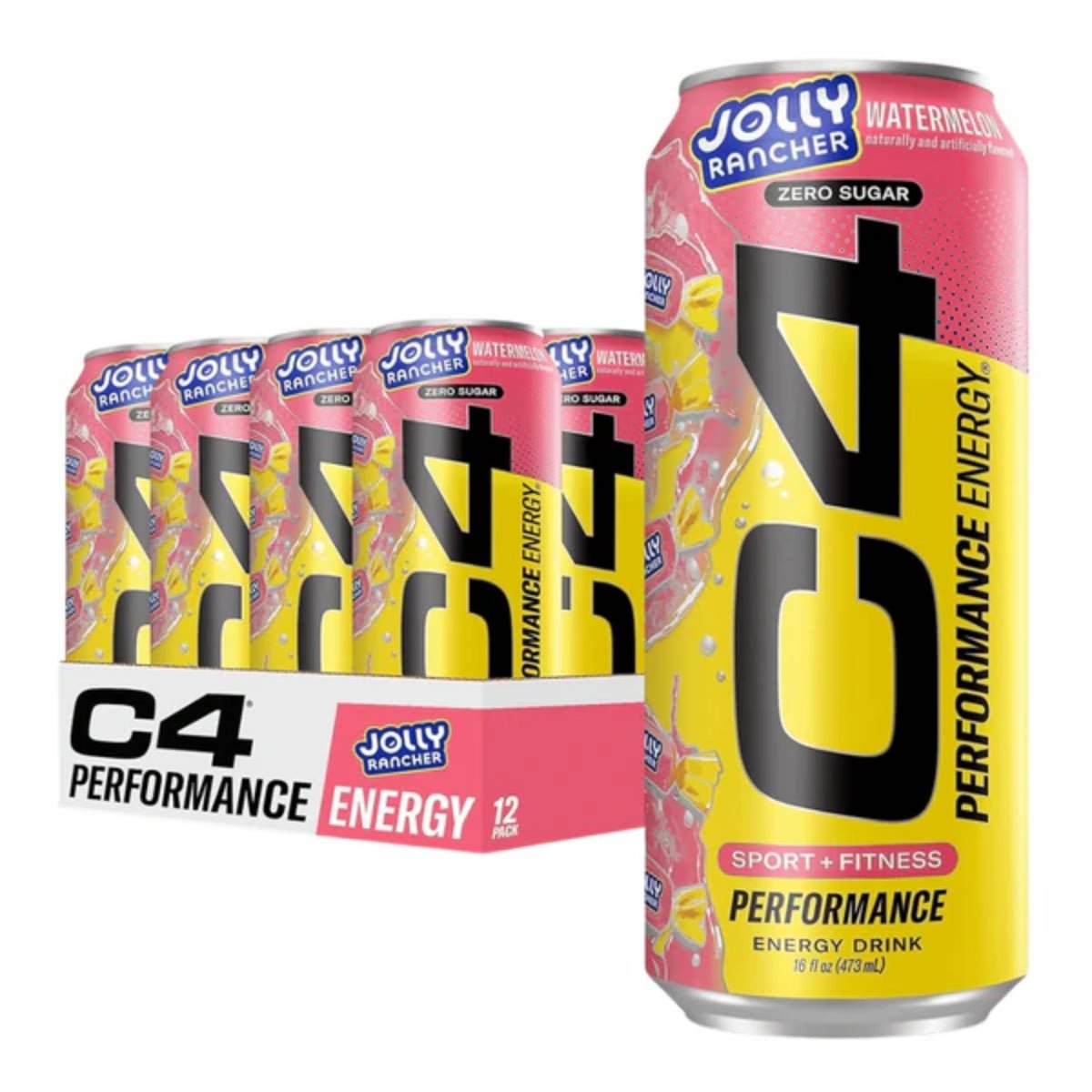 Front of C4 Zero Sugar Energy x Jolly Rancher Watermelon case showing vibrant pink cans, watermelons illustrations, and pack size of 12 (12 x 473ml)