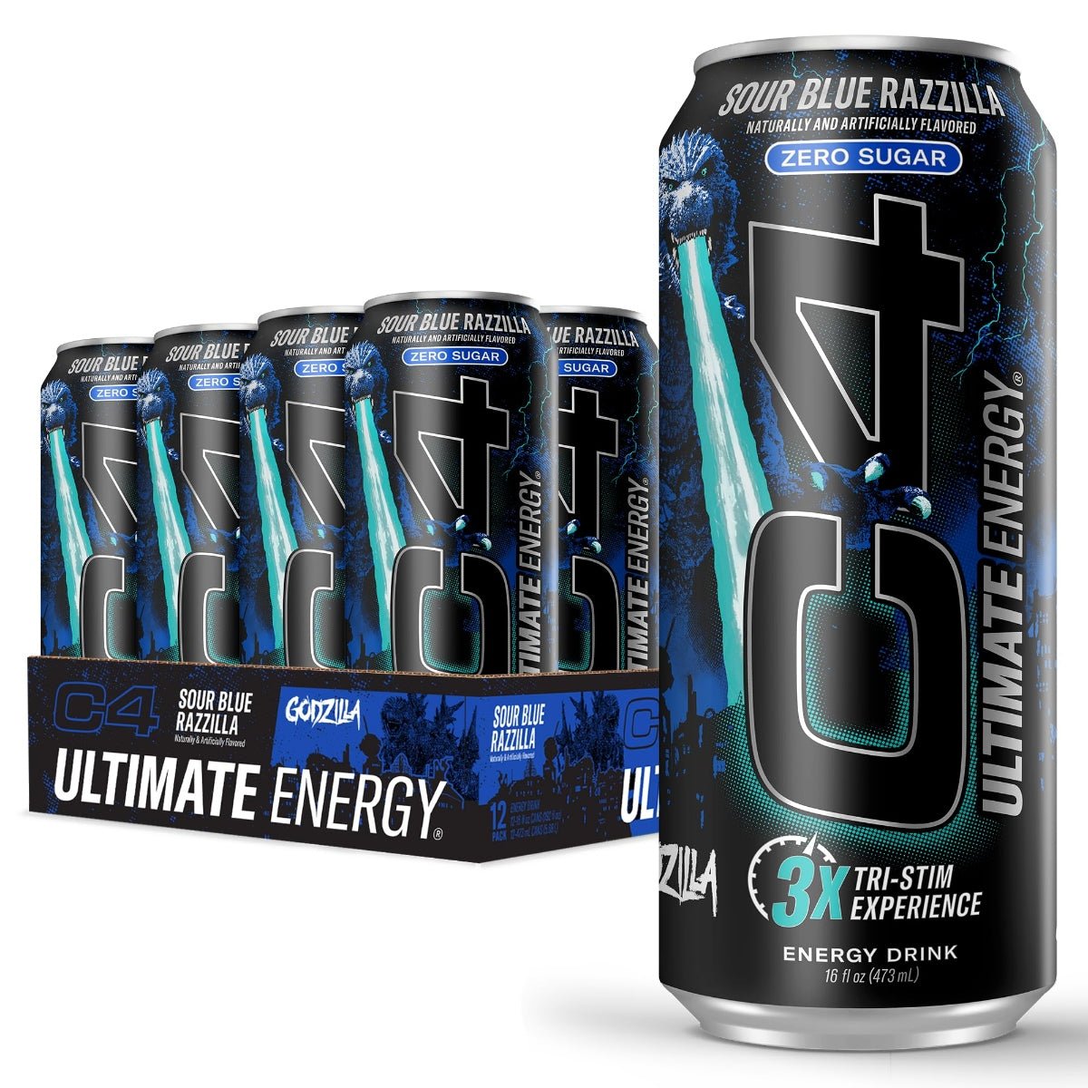 Front of C4 Zero Sugar Sour Blue Razzilla Energy Drink 12 pack showing vibrant blue can designs and logo, featuring sour blue razz flavour and 473ml size