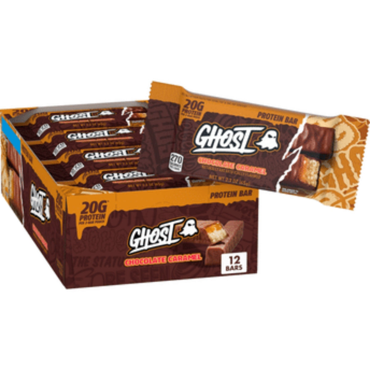 Front of Ghost Chocolate Caramel Protein Bar wrapper showing logo, chocolate caramel flavour, and pack size (65g)