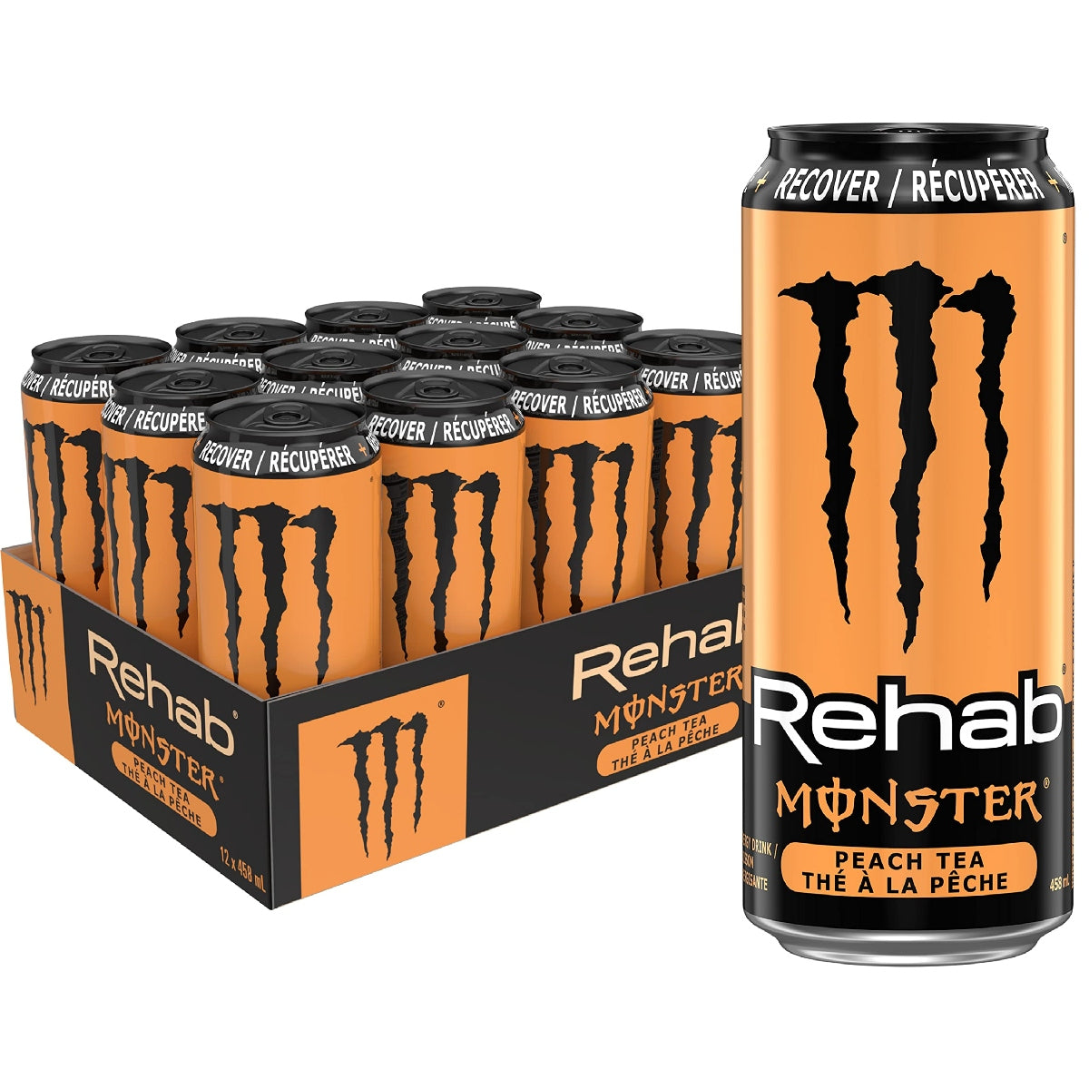 Front of a Monster Rehab Peach Tea display case showing orange cans with black logo and peach flavour label (12 x 458ml)