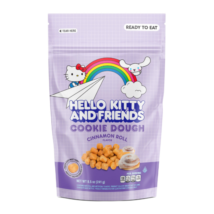 Front of Hello Kitty and Friends Cookie Dough bag showing logo, cinnamon roll flavour details, and image of cookie dough pieces (241g pack)
