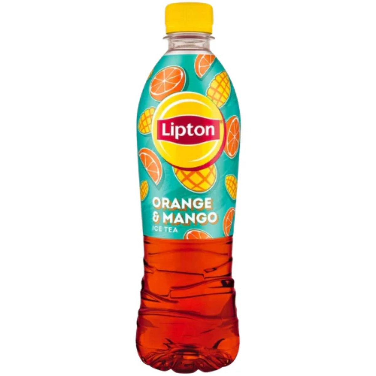 Front of Lipton Iced Tea Orange Mango bottle showing colourful label with orange and mango graphics and 1.5L size indication