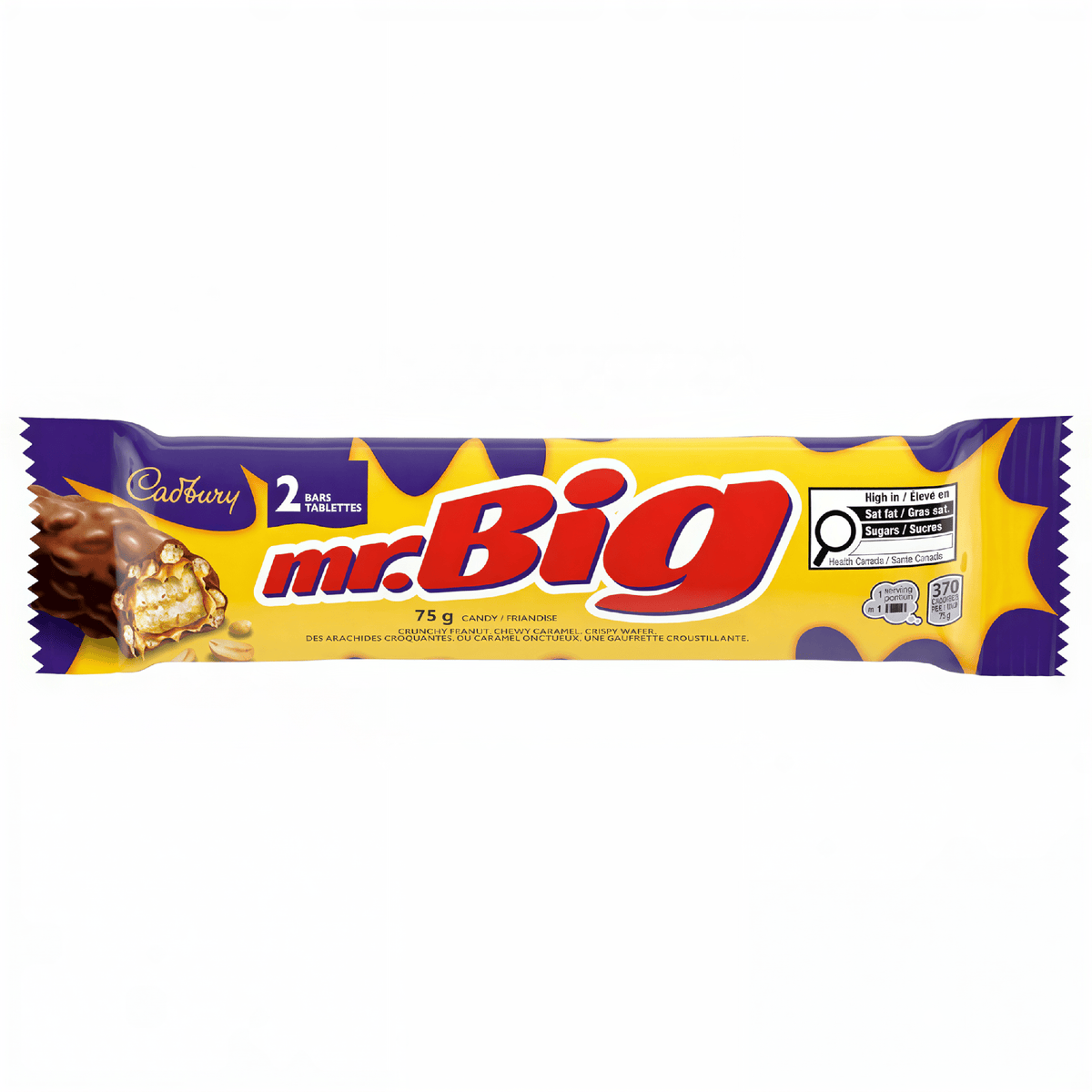 Front of Cadbury Mr Big King Size wrapper displaying logo, chocolate bar with crispy wafers and caramel, and pack size of 75g.