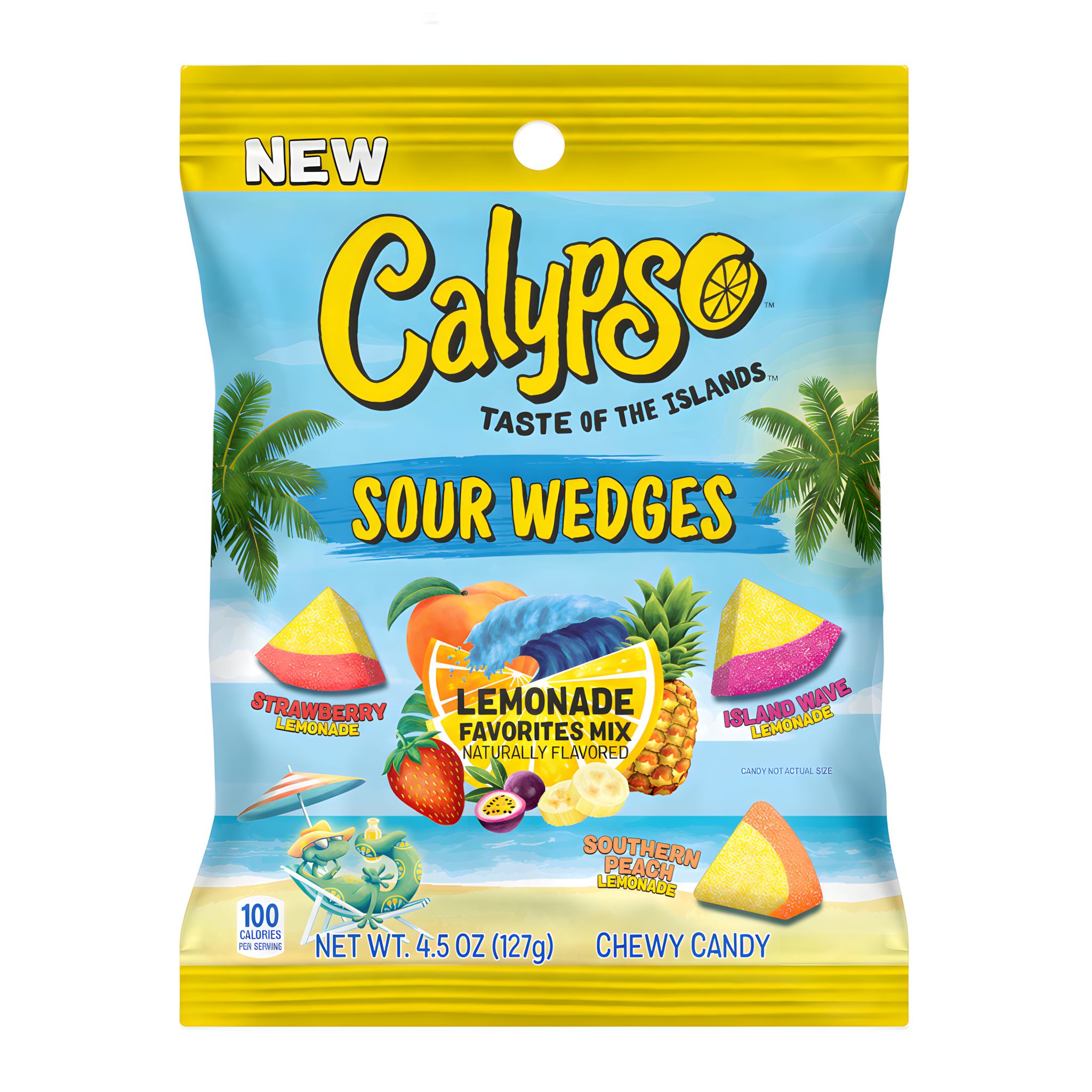 Front of Calypso Sour Wedges Lemonade Favourites Mix chewy candy bag showing vibrant colours, logo, and assorted wedge shapes (127g pack)