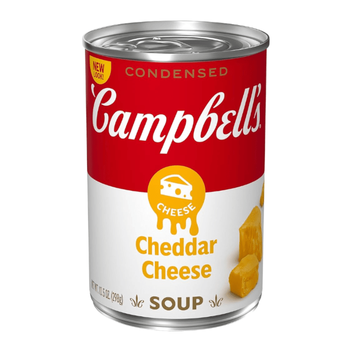 Front of Campbell's Cheddar Cheese Soup can showcasing logo, cheddar cheese label, and pack size (298g)