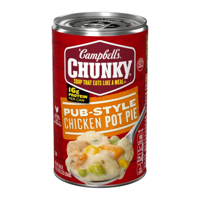 Front of Campbell's Chunky Pub Style Chicken Pot Pie Soup can showing vibrant red design, logo, and image of soup with chicken and vegetables (533g can)