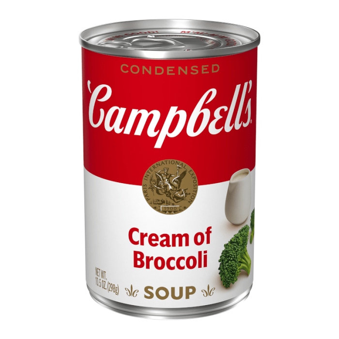 Front of Campbell's Cream Of Broccoli Soup can showing the logo,  cream of broccoli flavour, and pack size (298g)