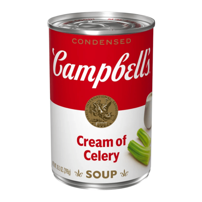 Front of Campbell's Cream Of Celery Soup can showing the red logo, cream of celery label, and 298g size.
