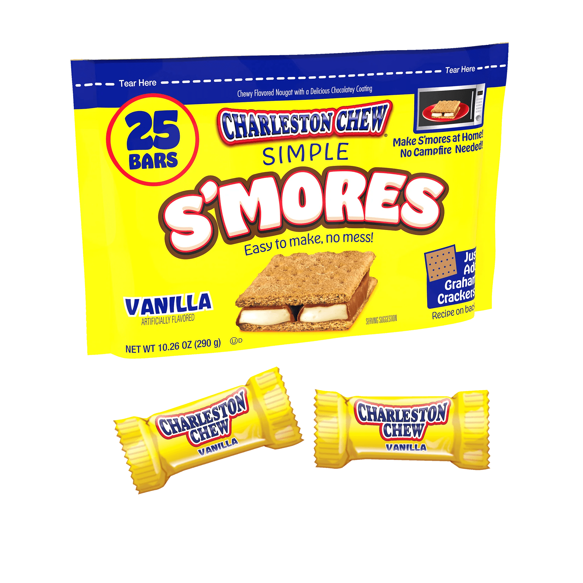 Front of Charleston Chew Vanilla S'mores box showing bright yellow packaging, logo, and illustration of s'mores (290g pack)