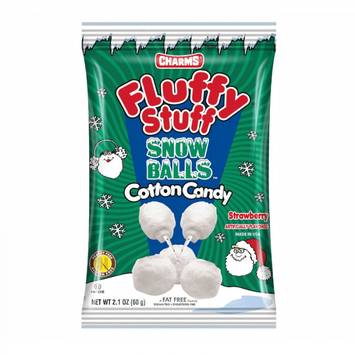 Front of Charms Fluffy Stuff Snow Balls Cotton Candy bag showing fluffy white cotton candy, playful snowball shape, and strawberry flavour label (60g pack)