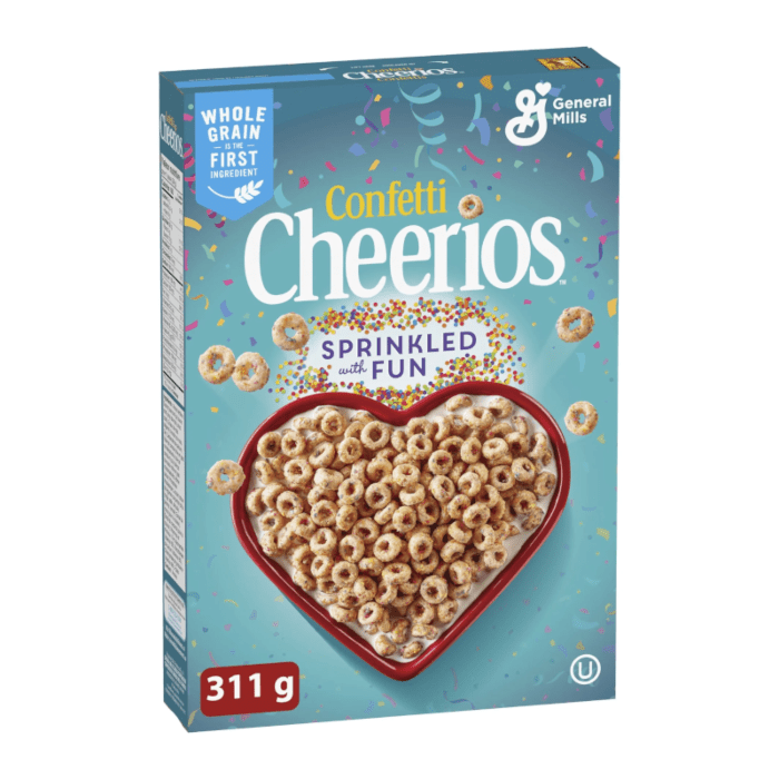 Front of Cheerios Confetti Cereal box featuring the logo, confetti design, and a heart-shaped bowl of cereal (311g pack)