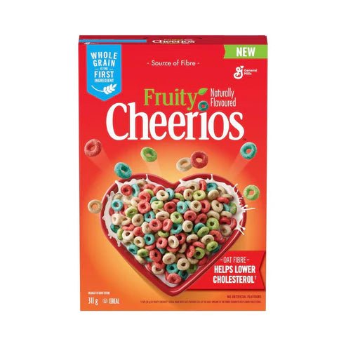 Front of Cheerios Fruity Cereal box showing vibrant fruity colours, Cheerios logo, and heart-shaped bowl of cereal (310g pack)