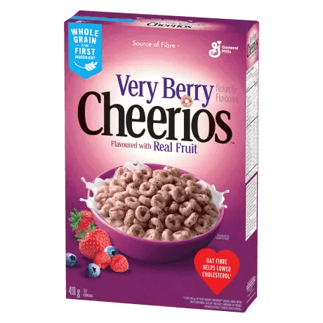 Front of Cheerios Very Berry box showing vibrant pink packaging, Cheerios with berry flavour label, and a bowl of cereal with fruit on the side (309g pack)