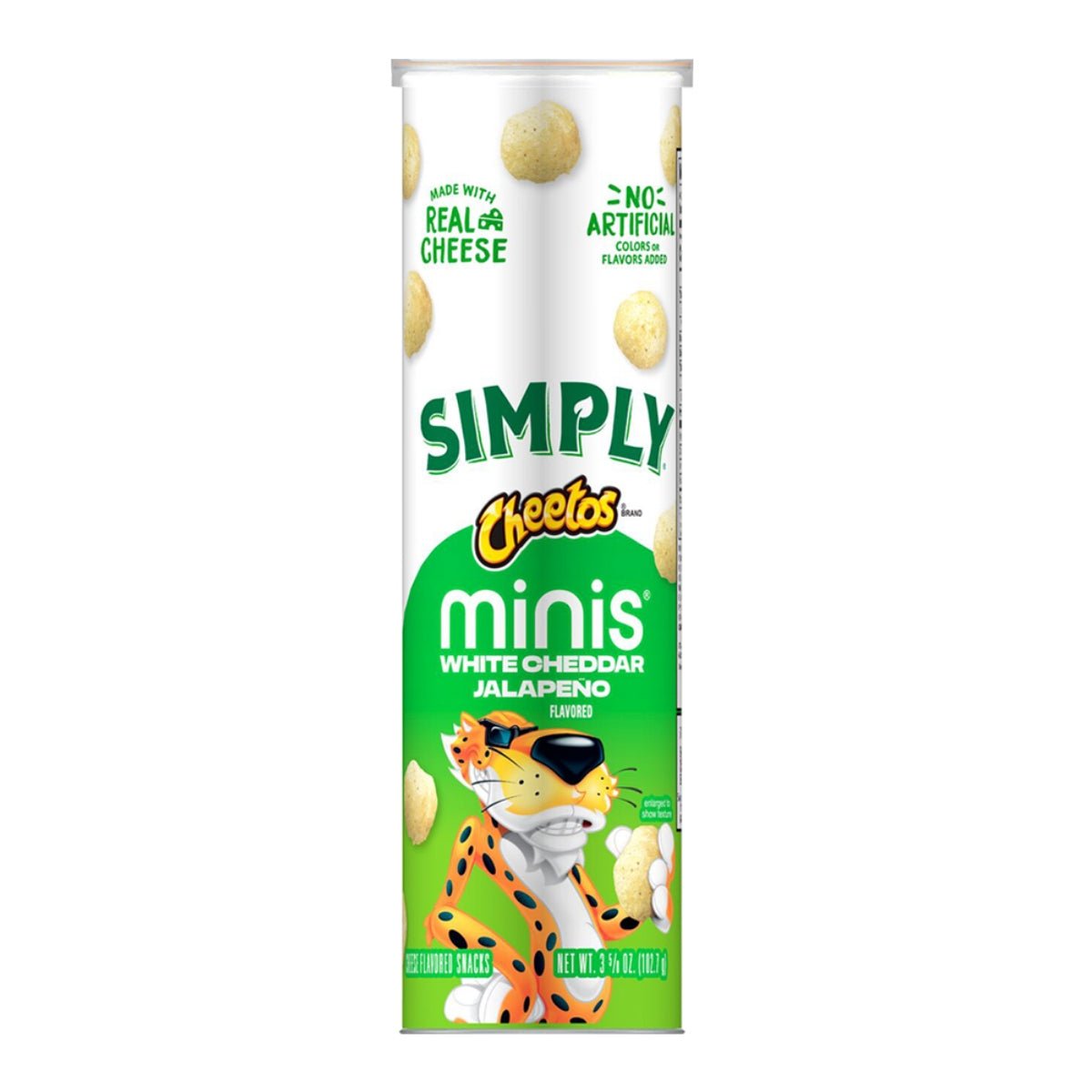 Front of Cheetos Canister Simply White Cheddar Minis Jalapeno (102.7g) showing the logo, white cheddar and jalapeno flavours, and fun canister design.