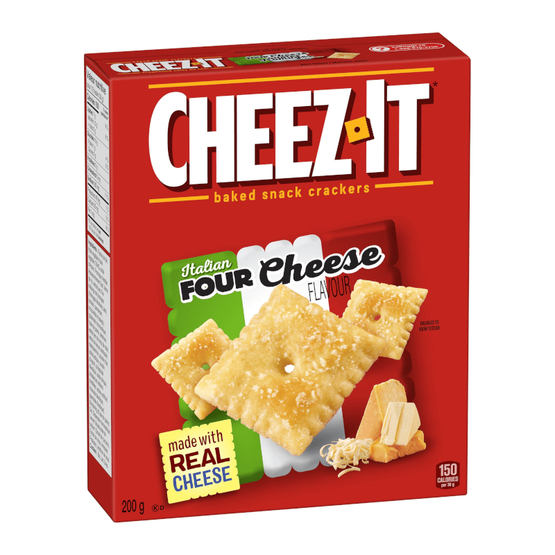 Front of Cheez It Crackers Italian Four Cheese pack showing the brand logo, rich cheese flavour label, and the pack size of 200g