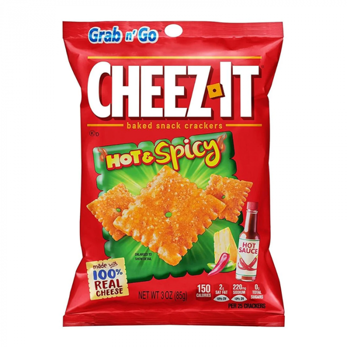 Front of Cheez It Hot & Spicy Tabasco bag showing bright red packaging with the logo, spicy cracker image, and Tabasco branding (85g pack)