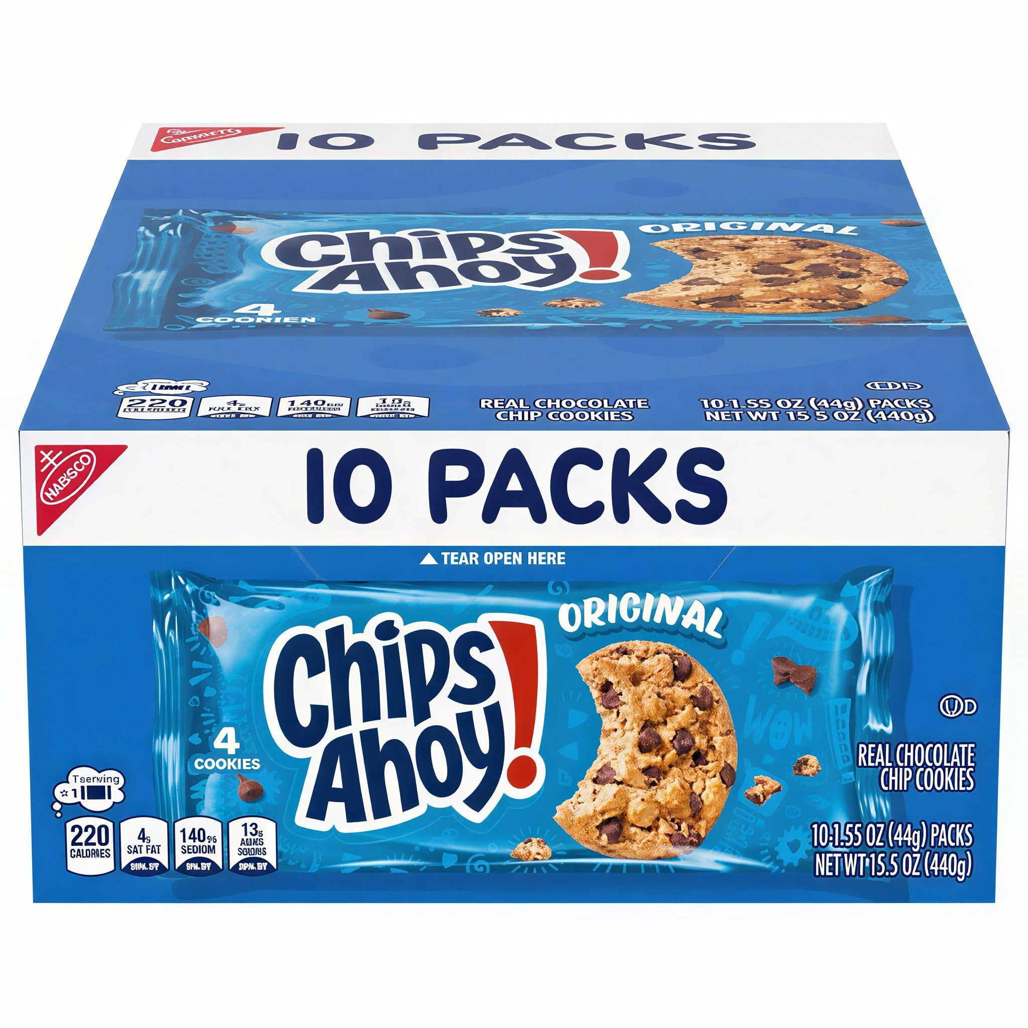 Front of Chips Ahoy Cookies 10 Pack (440g) showing blue packaging, iconic logo, and cookie imagery, featuring original flavour and 10 packs.