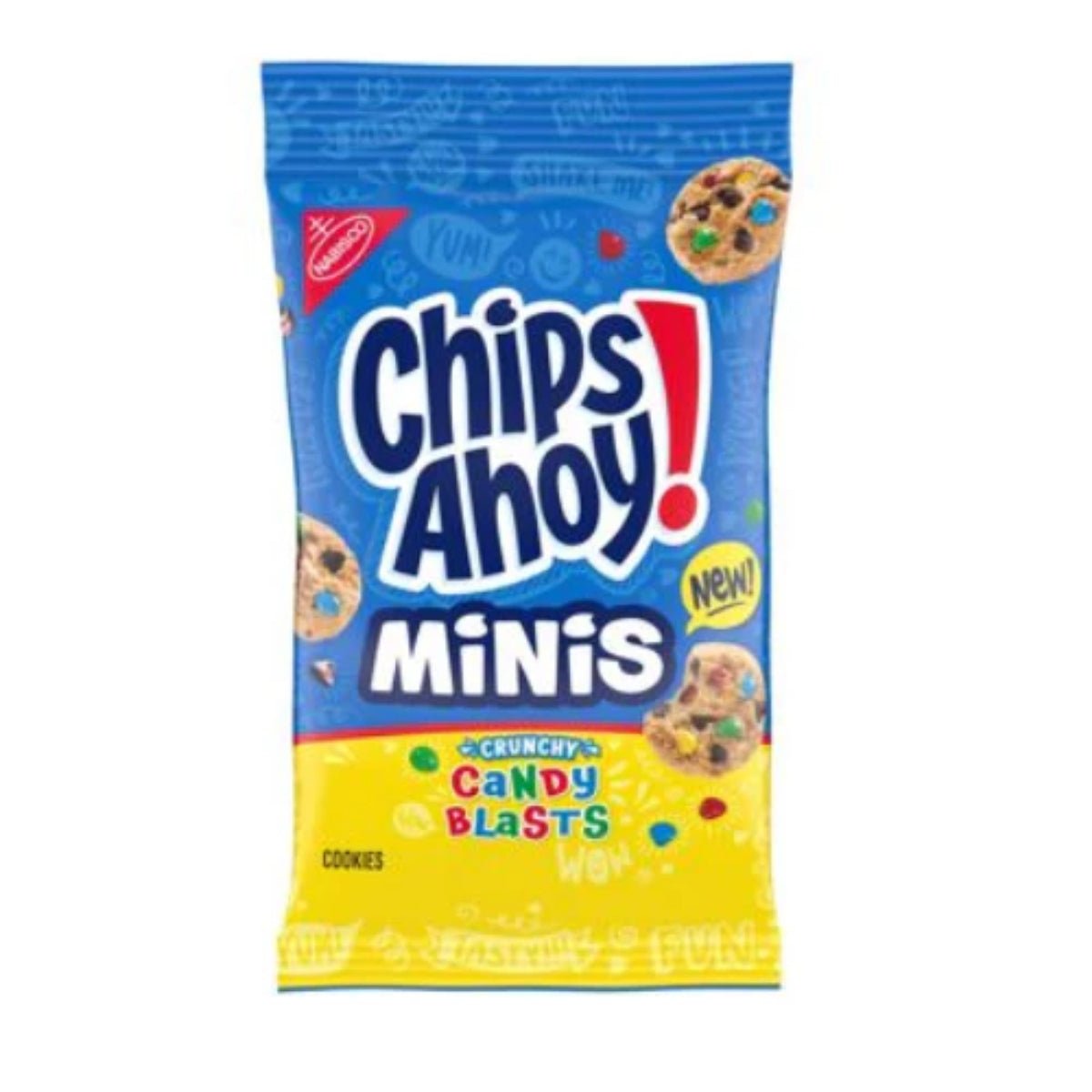 Front of Chips Ahoy Mini’s BIG BAG Candy Blast showing blue bag with cookies and colourful candy pieces (85g pack)