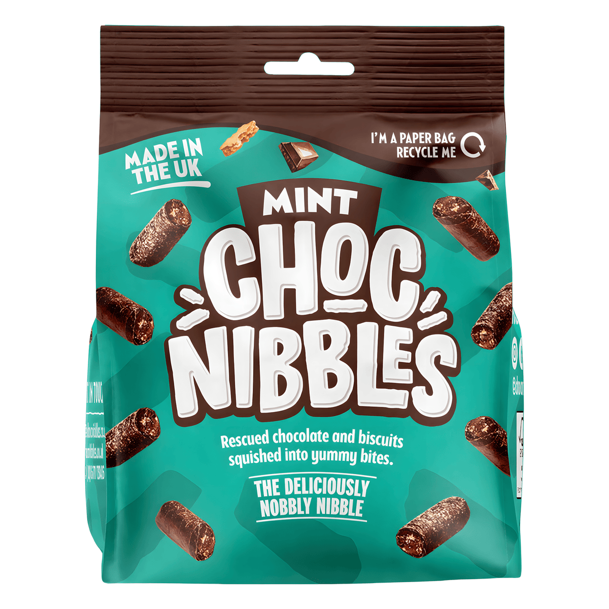 Front of a bag of Choc Nibbles Mint Chocolate & Biscuit Bites showing mint flavour label, chocolatey biscuits, and 135g pack size.