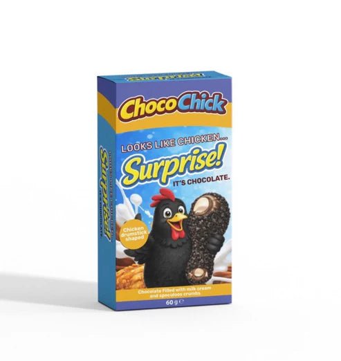 Front of Choco Chick Cookies & Cream Chicken Drumstick packaging showing bright blue and yellow design with chocolate-filled chicken drumstick shape (60g pack)