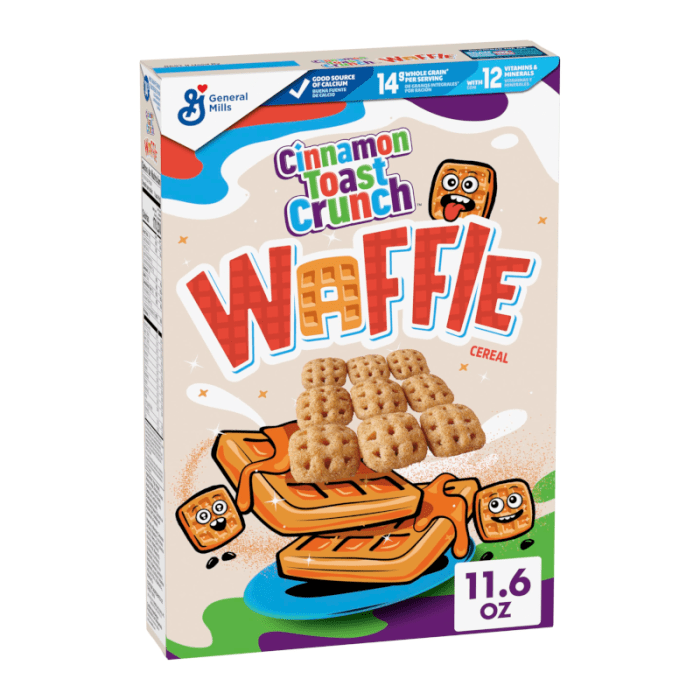 Front of Cinnamon Toast Crunch Waffle Cereal box showing bold logo with waffle-shaped cereal, vibrant colours, and pack size of 328g.